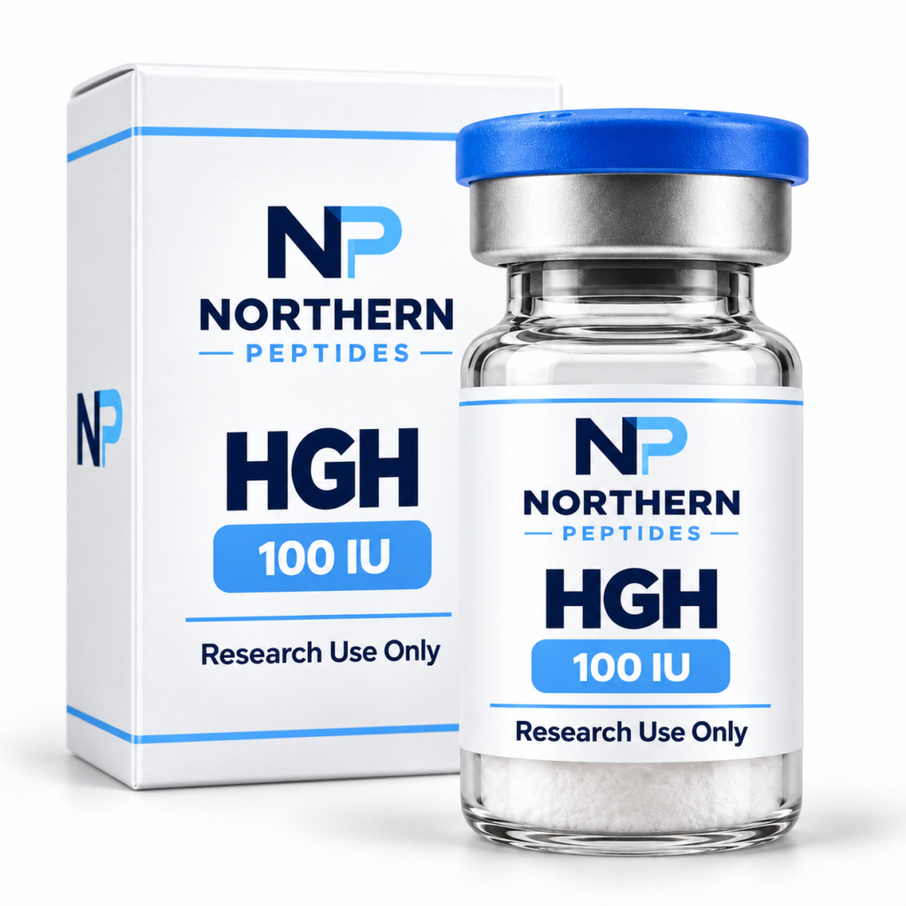 HGH 100iu — branded product vial, Northern Peptides Canada.