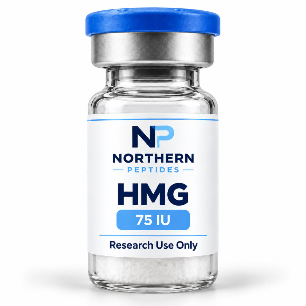 HMG 75IU — branded product vial, Northern Peptides Canada.