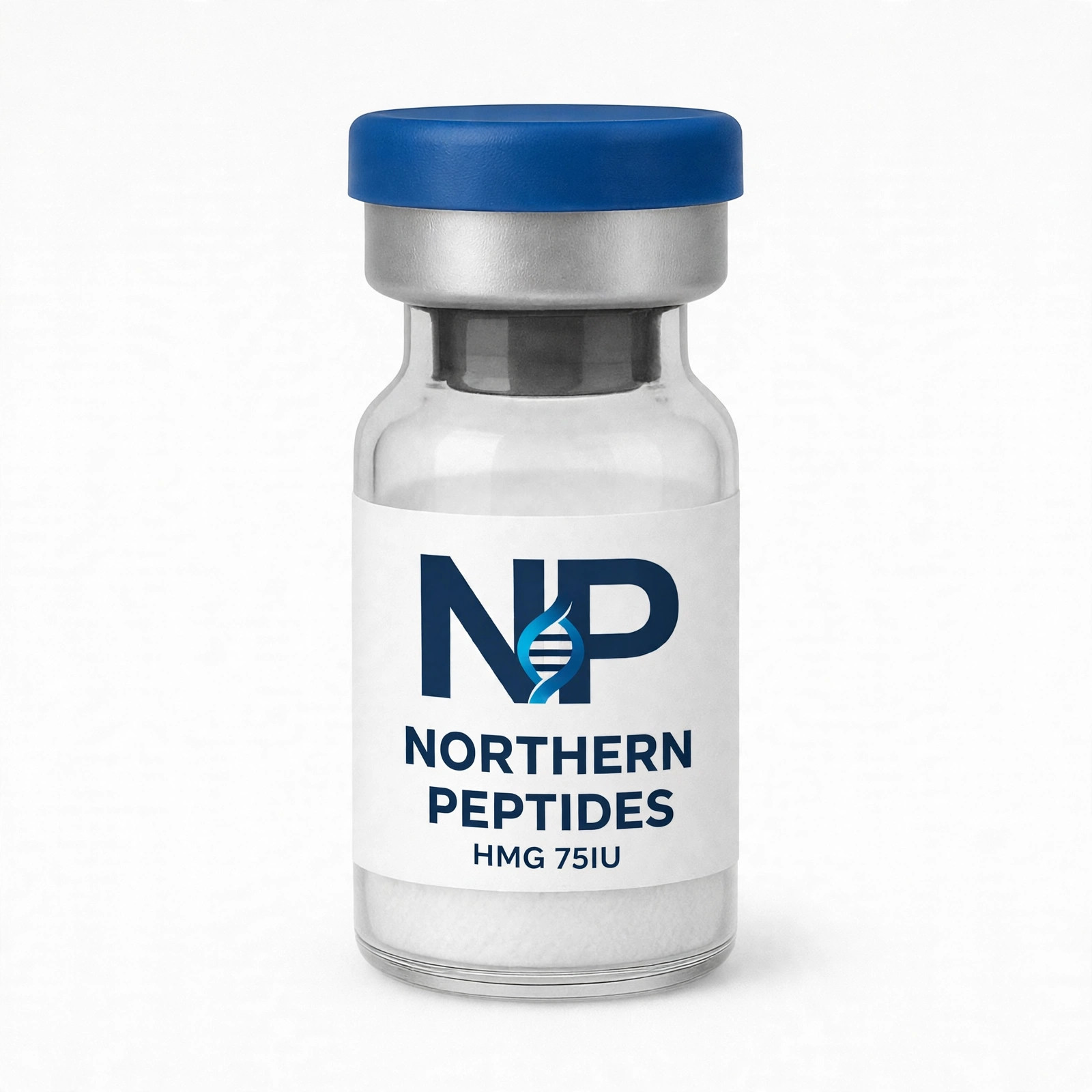 HMG 75IU — close-up of the product vial cap, Northern Peptides Canada.